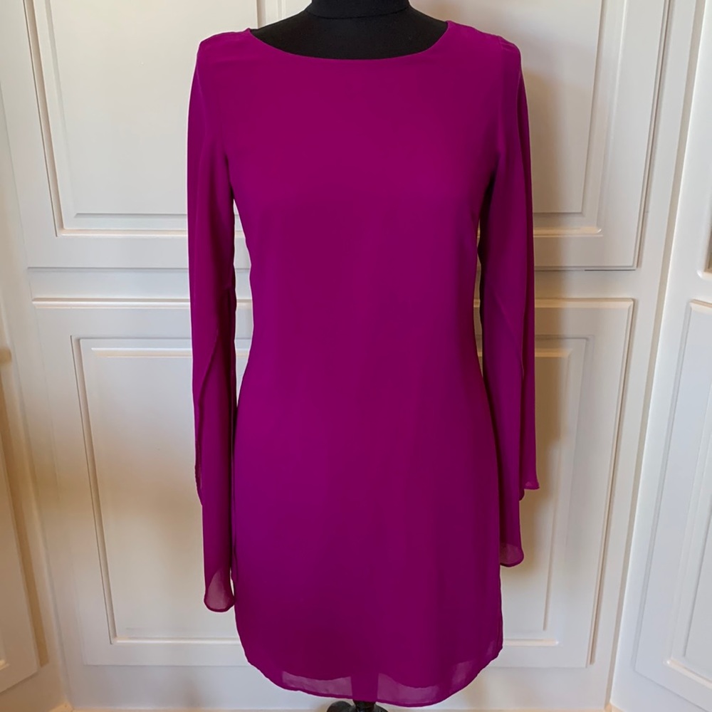 Badgley Mischka Belle Crepe Like Purple Cocktail Dress with Sheer Sleeves